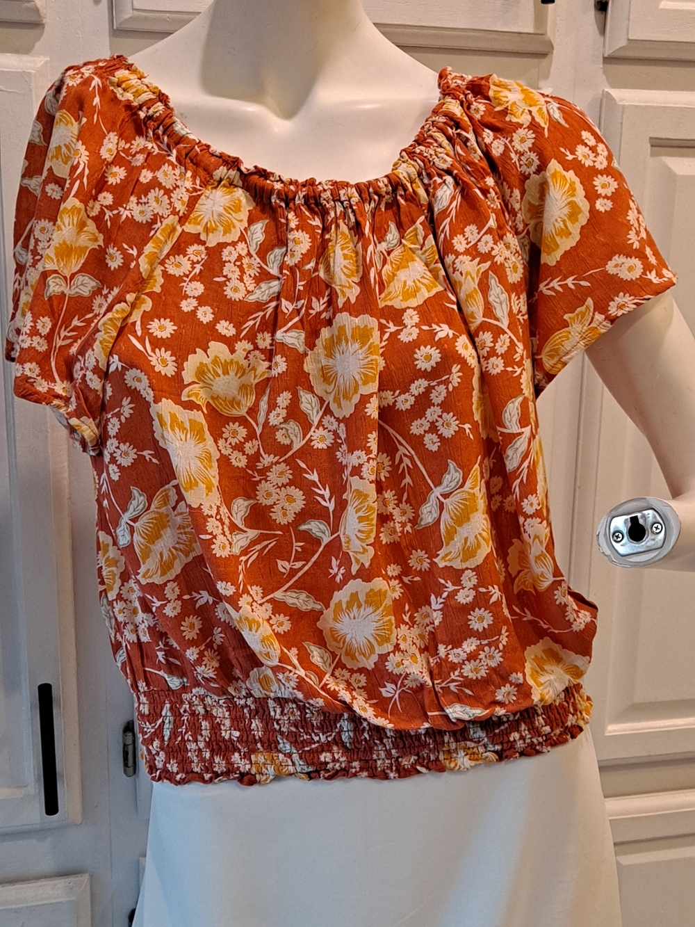 Cynthia Rowley Orange Floral Peasant Top w/Yellow & Cream Blooms Flutter Sleeve